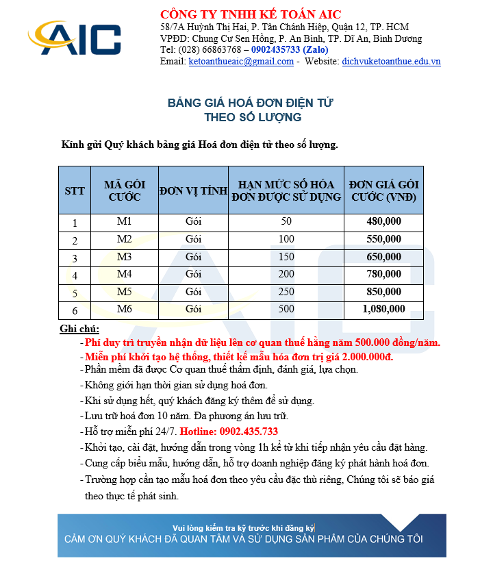 BẢNG GIÁ HÓA ĐƠN ĐIỆN TỬ